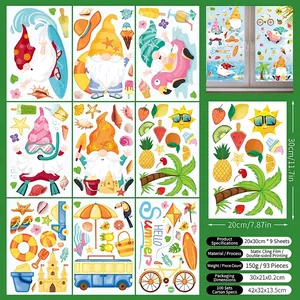 Detailed set of 9 summer beach theme static window stickers with tropical gnomes and fruit