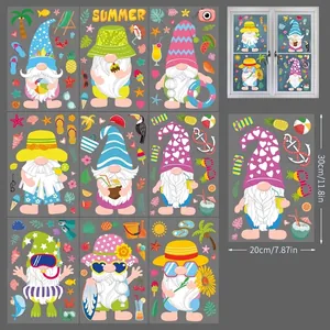 Set of 9 double-sided summer gnome window clings with tropical beach party theme stickers