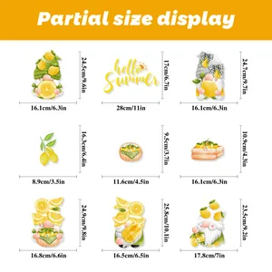 Size guide for nine summer lemon theme window stickers with detailed measurements