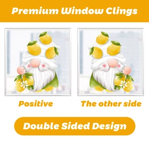 Detail of double sided lemon gnome window clings showing high quality vibrant printing