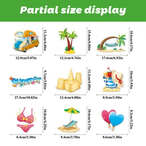 Size chart showing exact dimensions for cartoon beach and summer window stickers