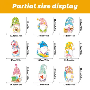 Detailed size chart for summer cartoon beach gnome PVC window stickers in inches and centimeters