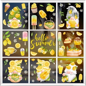 Macro detail of summer lemon gnomes and tropical fruit window stickers for home decor