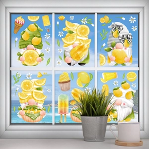 Detail of lemon gnome window clings set featuring summer dessert and floral designs
