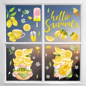 Detail of static summer window decals with lemon gnomes and cool drink illustrations