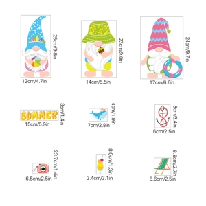Detail view of summer beach gnome stickers with precise size measurements on white background