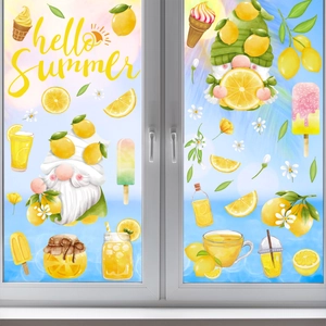 Close-up of summer gnomes and lemon pattern static window clings on bright glass window