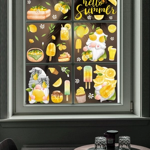 Detail of Hello Summer static window clings featuring lemon gnomes on a glass surface