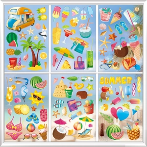 Detailed set of 6 summer beach window clings with palm trees and tropical fruit designs