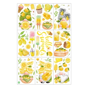 Nine watercolor summer gnome stickers with lemon theme featuring ice cream and citrus