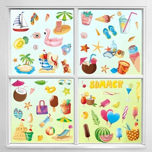 Close-up of summer beach window stickers with flip-flops, flamingos and sandcastles