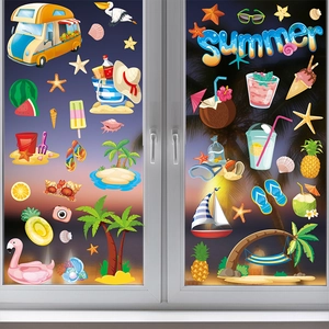 Detail of summer beach window stickers featuring tropical flamingo and palm tree designs