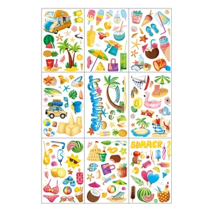 Set of 9 summer beach static window clings with cartoons, tropical trees and sea elements
