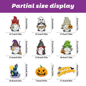 Size chart showing 9 Halloween gnome window stickers with dimensions in cm and inches