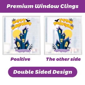 Detailed double sided Halloween window clings featuring cartoon castle and bat patterns
