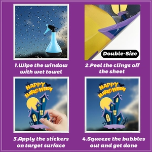 Double-sided Halloween window clings featuring castle and bats with 4-step guide