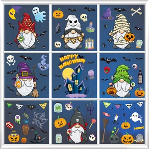 Detailed view of Halloween gnome window stickers with spooky cartoon patterns and pumpkins
