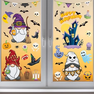 Halloween static window clings featuring cartoon gnomes and pumpkins on a white window frame