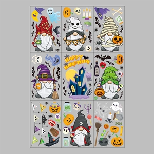 Detail view of nine Halloween window cling sheets featuring gnomes and pumpkin motifs