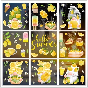 9-piece set of vibrant lemon summer gnome window stickers with fruit and ice cream patterns