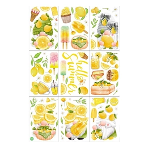 Summer lemon gnome static window stickers set for festive party and home glass decoration