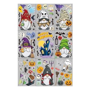 Halloween static window clings featuring cartoon gnomes and festive party decorations
