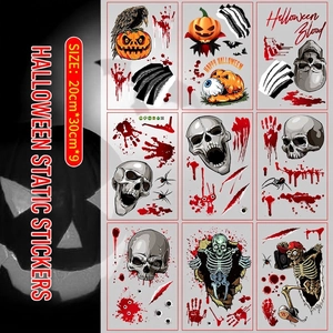 Stickers Fenêtre Halloween Statiques PVC Double Face Empreinte Main Sanglante Crâne Citrouille Décoration Fête Effrayante