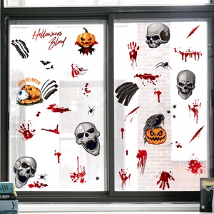 Stickers Halloween pour fenêtres avec crâne réaliste, empreintes de mains ensanglantées et chauves-souris