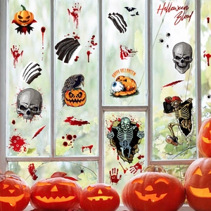 Stickers de fenêtre Halloween avec squelettes, citrouilles et taches de sang sur verre