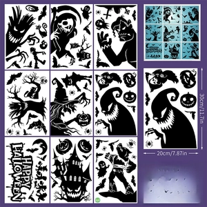 Detailed set of 9 Halloween static window clings featuring castles, ghosts, and witches