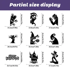 Detailed size chart for Halloween static window stickers featuring spooky silhouettes