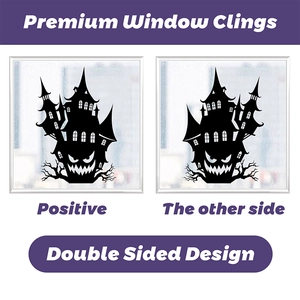Double sided Halloween window clings showing castle and ghost silhouettes on glass