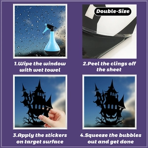 Four-step installation guide for Halloween double-sided static castle window clings