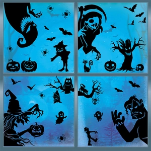 Halloween window stickers set featuring grim reaper, witch, and bats silhouettes