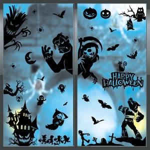 Halloween window stickers set featuring black castle, ghost, and bat silhouettes for party decor
