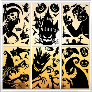 Halloween window stickers set featuring spooky castle, ghost, and pumpkin silhouettes