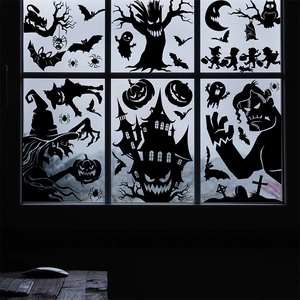 Halloween window silhouettes featuring witches, ghosts, and castles for party decoration