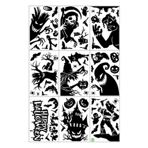 Detail view of black Halloween window silhouettes including ghosts, witches and castles