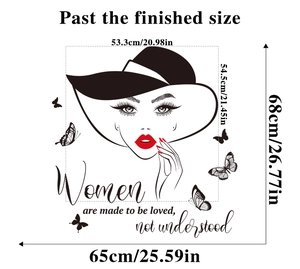 Detail showing wall sticker dimensions 65x68cm with elegant woman and butterflies design