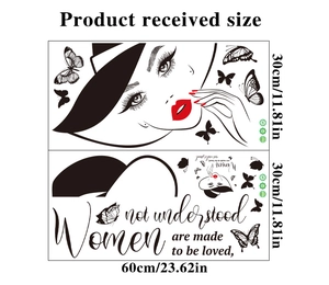 Detail view of PVC wall sticker layout featuring woman in hat and quote, 30x60cm size