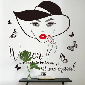 Modern wall sticker featuring a woman in a black hat with butterflies and English quote