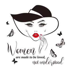 Detail of wall decal showing elegant woman in wide hat with red lips and butterfly accents