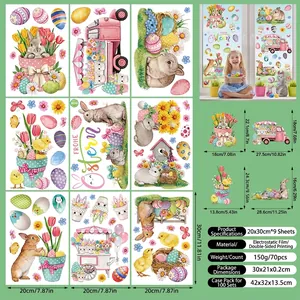 Detailed sheet of Easter window stickers featuring rabbits, colorful eggs, and spring flowers