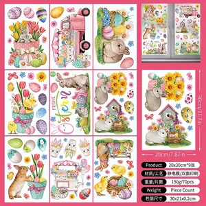 Easter window stickers set with watercolor rabbits and eggs, double-sided static cling decals