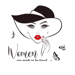 Fashionable wall decal of elegant lady in wide hat with red lips and butterflies