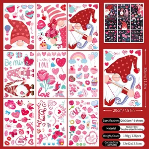 Détail d'autocollants statiques de Saint-Valentin avec gnomes et cœurs, 9 feuilles 126 pcs