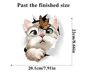 Detail of 3D cat wall sticker with dimensions 22x20.1cm featuring a butterfly on its head