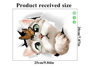 Detail view of 3D cat wall sticker showing product dimensions 20cm x 25cm in PVC material
