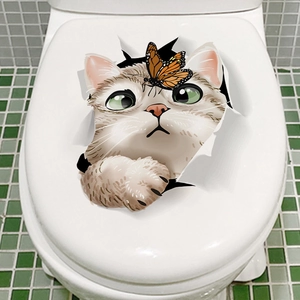 3D cute grey tabby cat and butterfly waterproof self-adhesive vinyl toilet wall sticker
