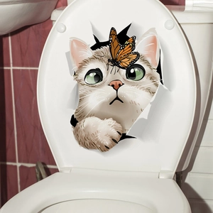 3D cat and butterfly waterproof wall sticker for bathroom and toilet lid decoration